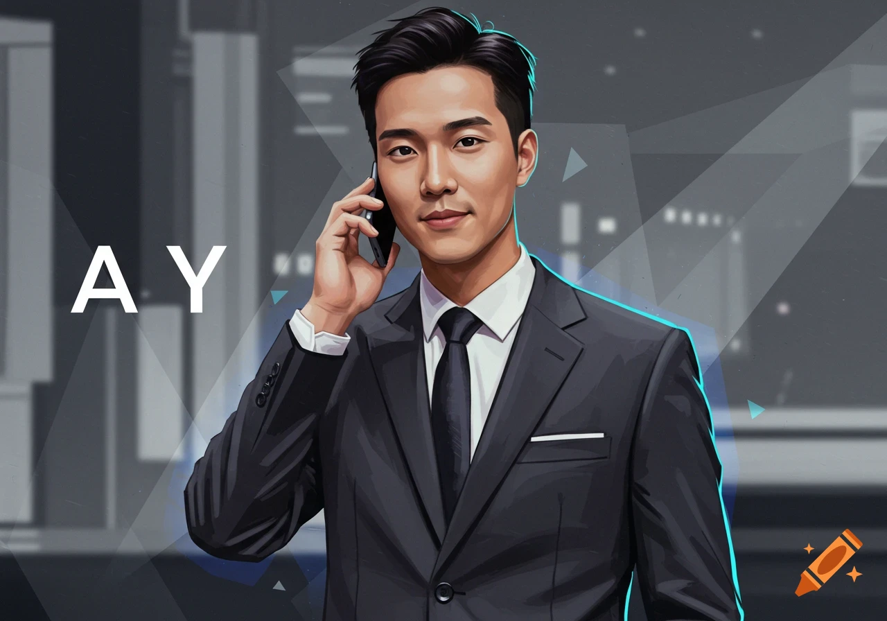 Illustration of a man in a suit talking on a phone, with the text 'AY' on the left.