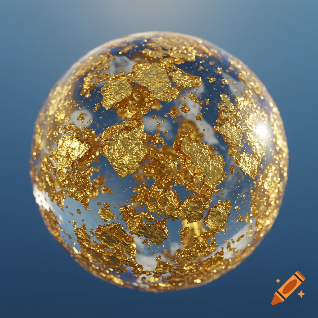 A transparent sphere filled with gold flakes against a blue background.