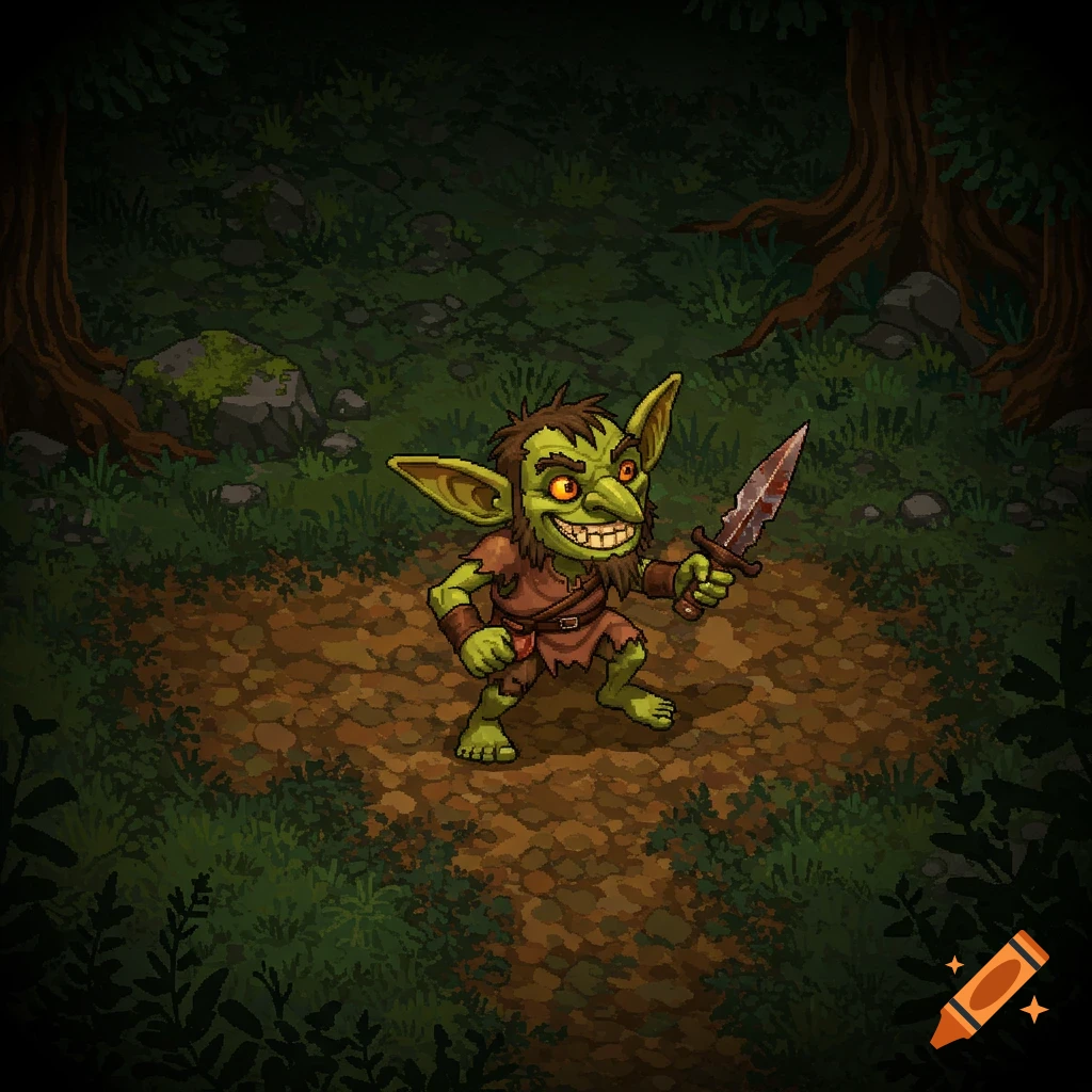 Pixel art illustration of a goblin holding a bloody dagger in a forest.