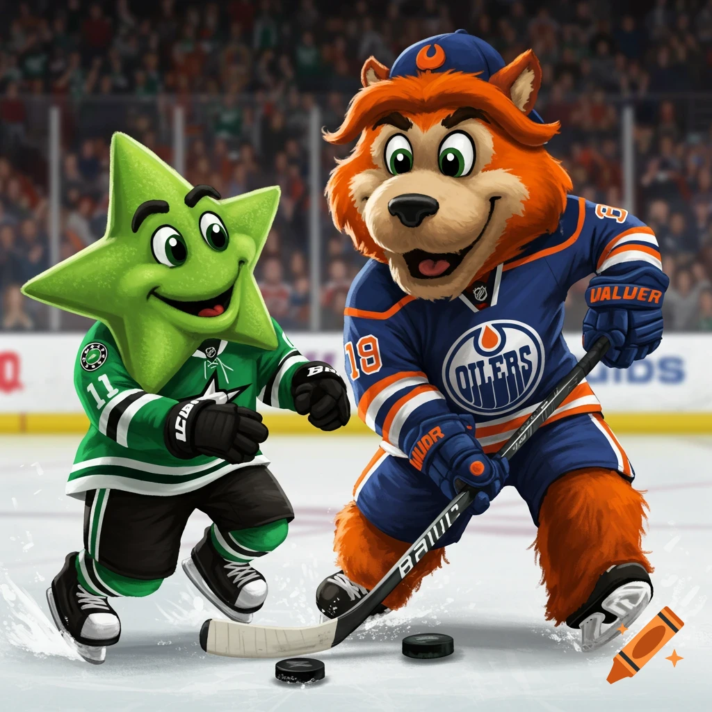 Two cartoon hockey mascots, a green star and an orange bear, face off on an ice rink.