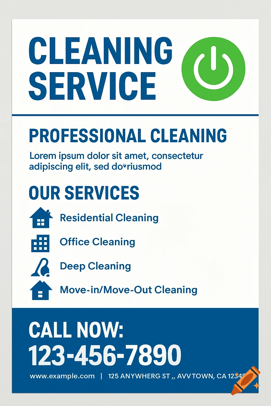 A blue and white flyer template for a cleaning service with a green power button icon.