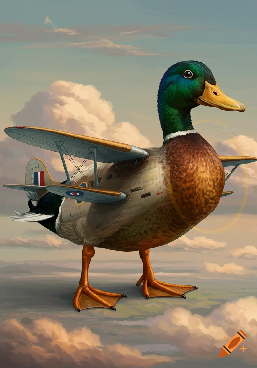 A surreal painting of a duck with biplane wings and fuselage flying through clouds.