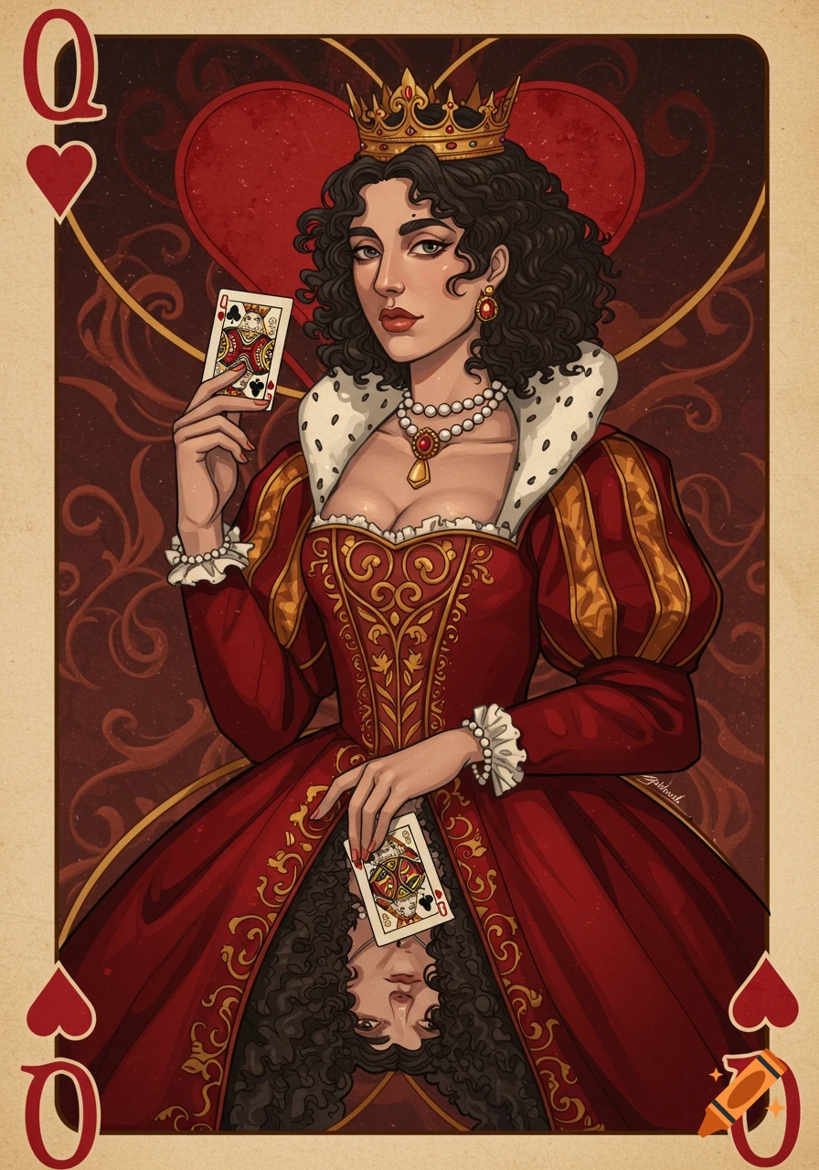 Illustration of a Queen of Hearts playing card featuring a woman in a crown and red dress.