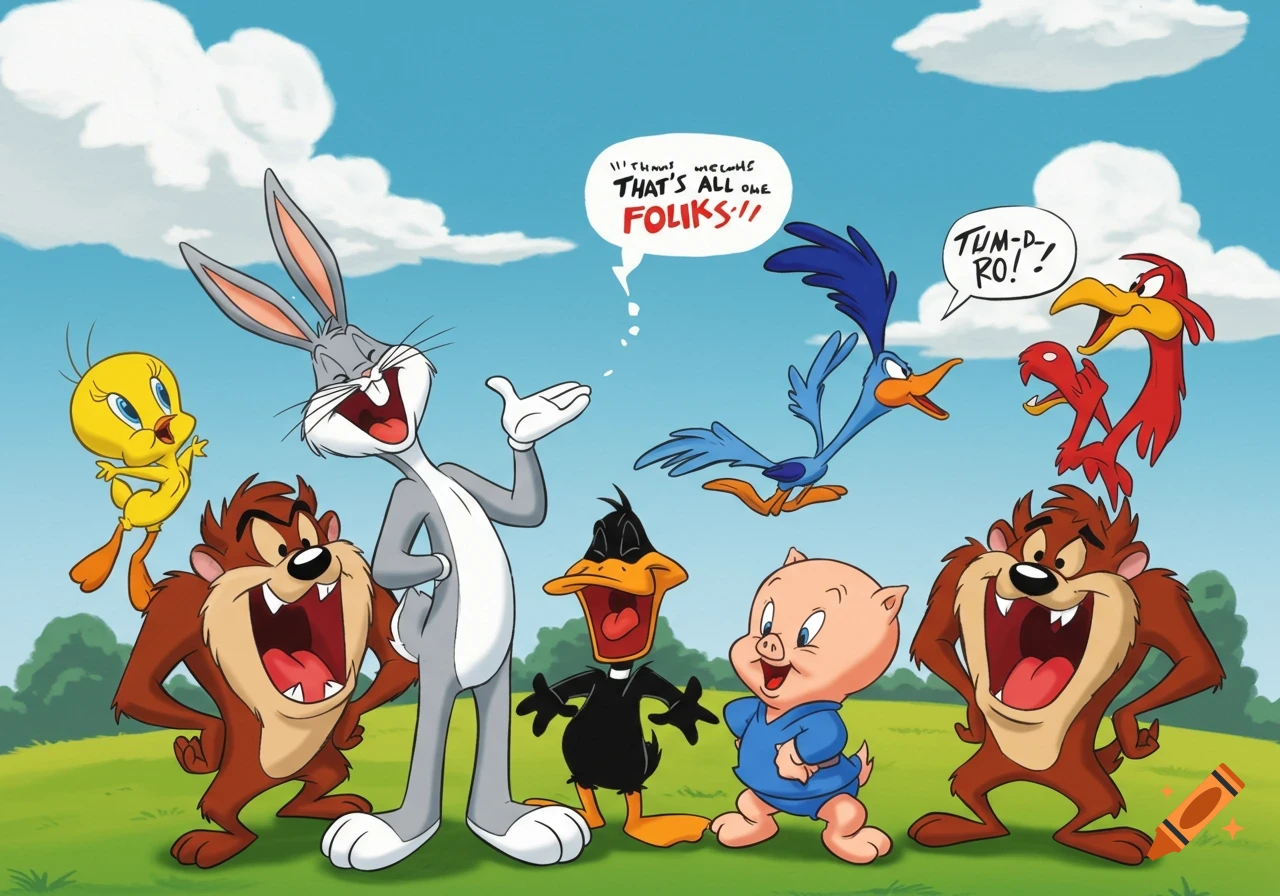 Bugs Bunny, Daffy Duck, Porky Pig, Tweety Bird, Road Runner, and Tasmanian Devil with speech bubbles in a field, cartoon style.