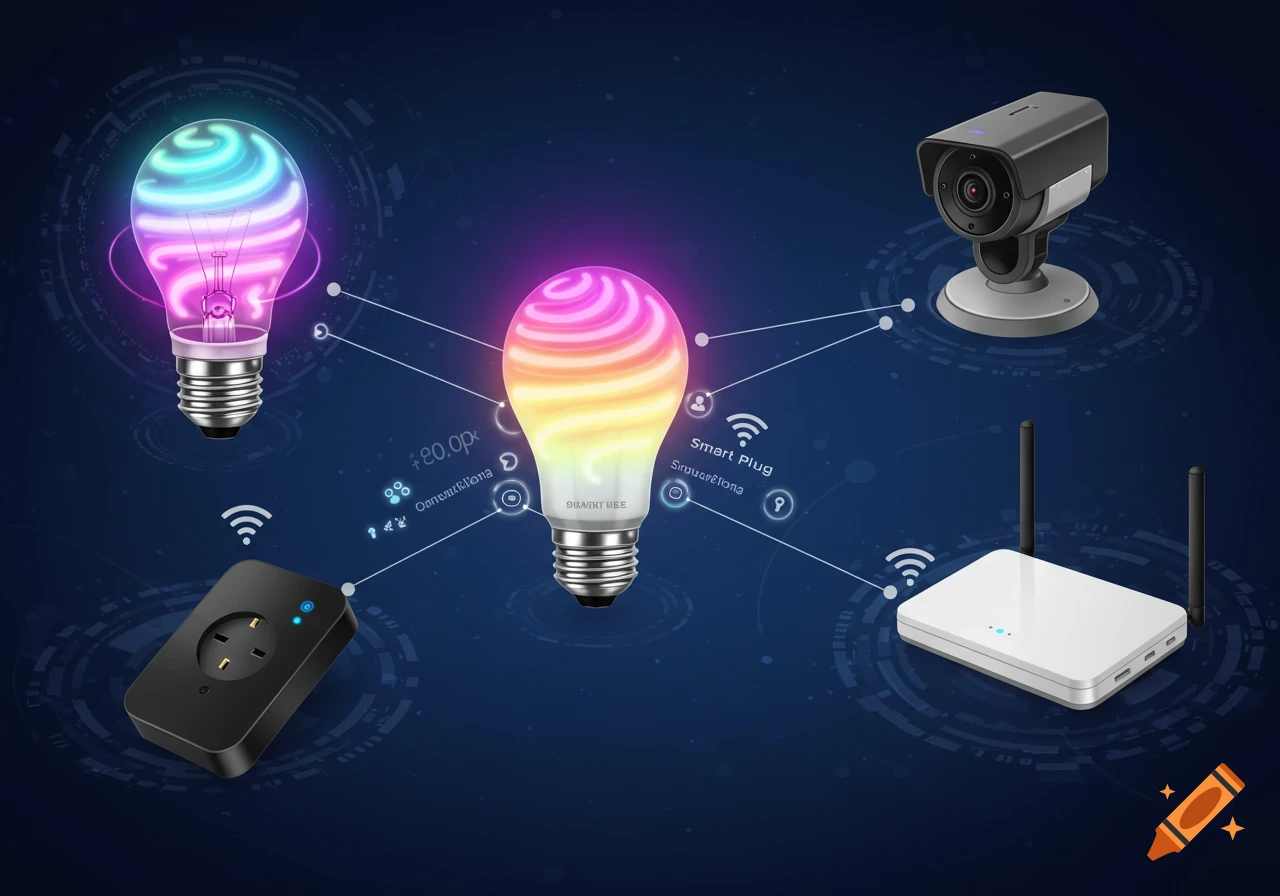 Digital illustration of smart home devices including colorful light bulbs, a smart plug, security camera, and WiFi router, connected by lines indicating data exchange.