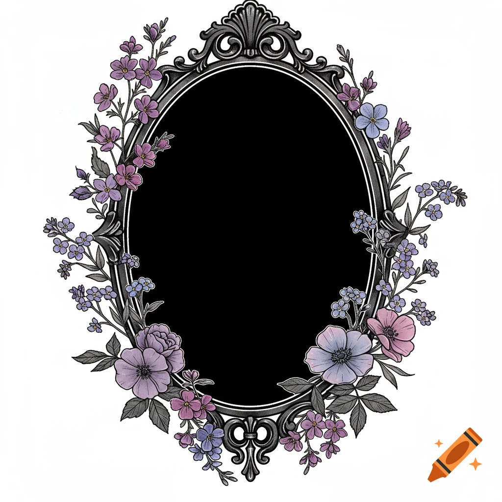 Oval black gothic frame with purple and blue wildflowers in a tattoo art style.