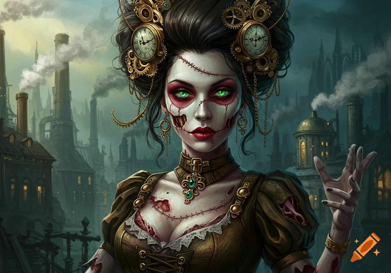 A steampunk zombie woman with stitches and gears in her hair stands in a smoky industrial city.