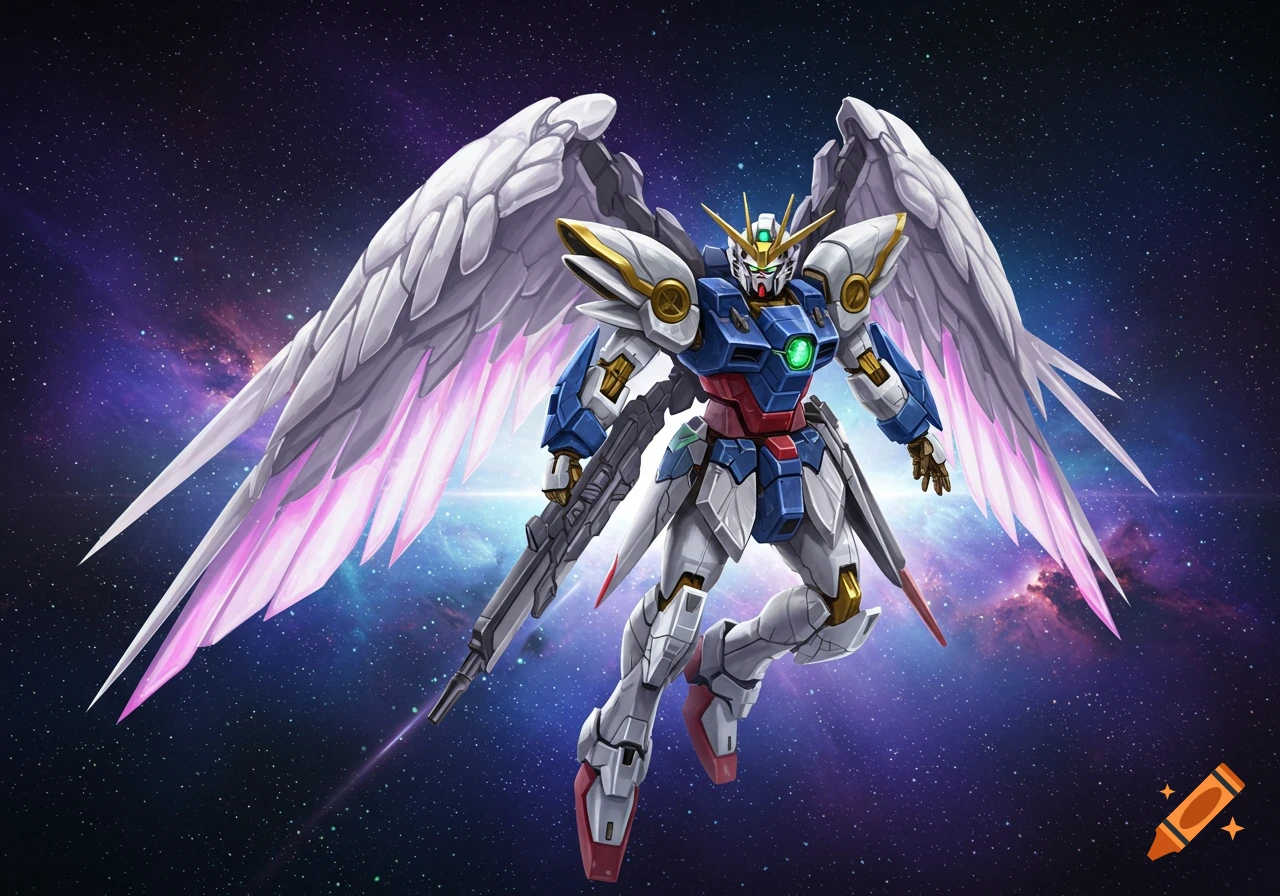Wing Zero Gundam robot flies through space.