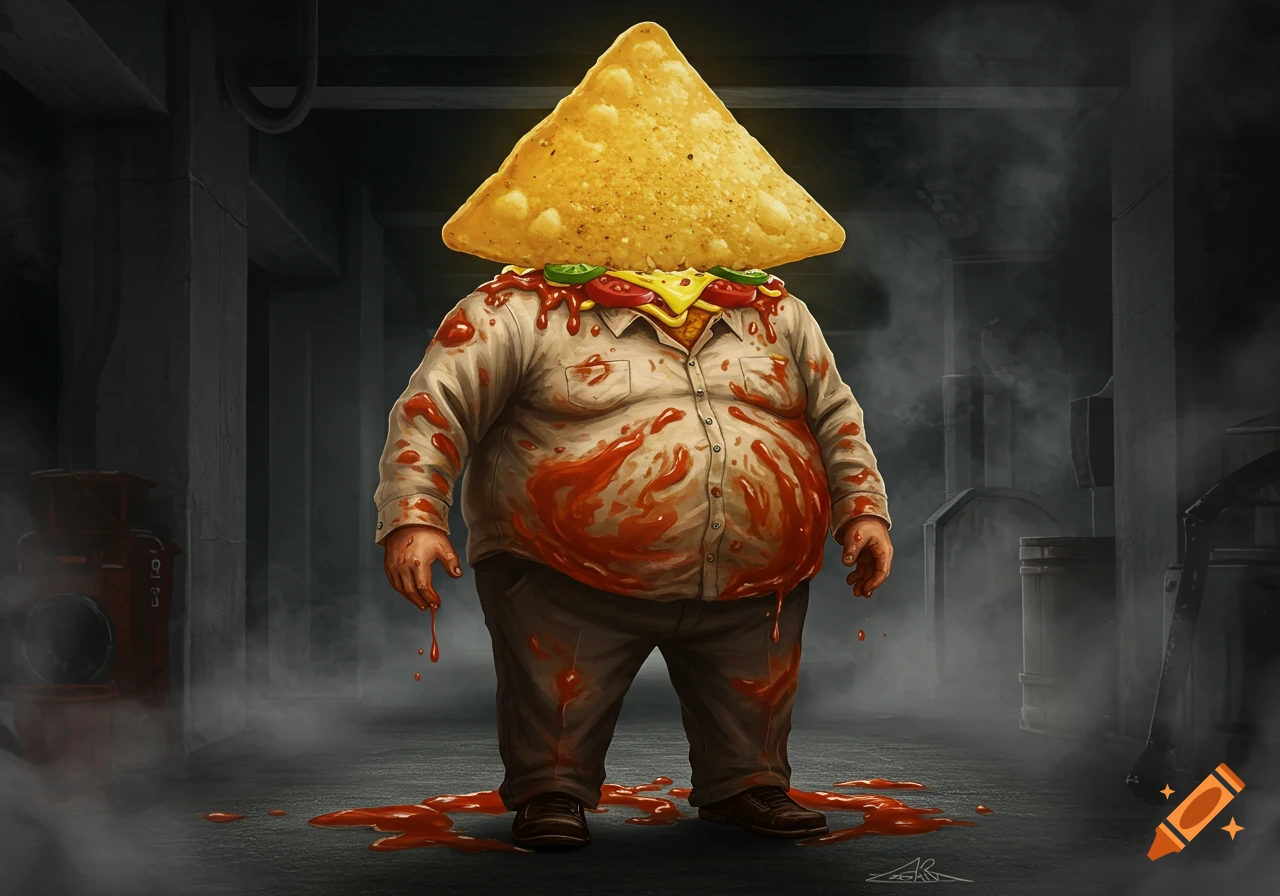 Illustration of an obese man with a nacho chip for a head, covered in tomato sauce, standing in a dark basement.