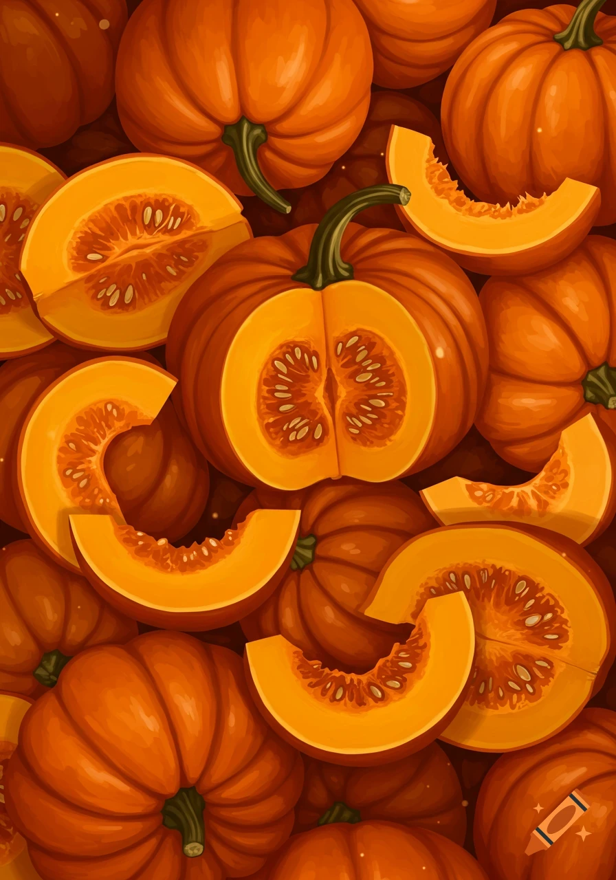 A detailed close-up of whole pumpkins and sliced pumpkins, creating a background pattern.