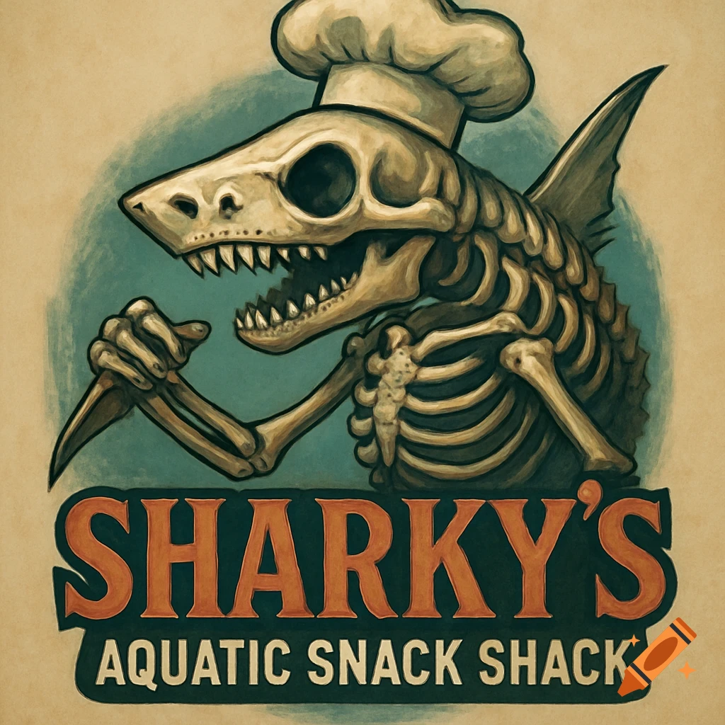 Cartoon skeleton shark chef with knife above 'SHARKY'S AQUATIC SNACK SHACK' logo.
