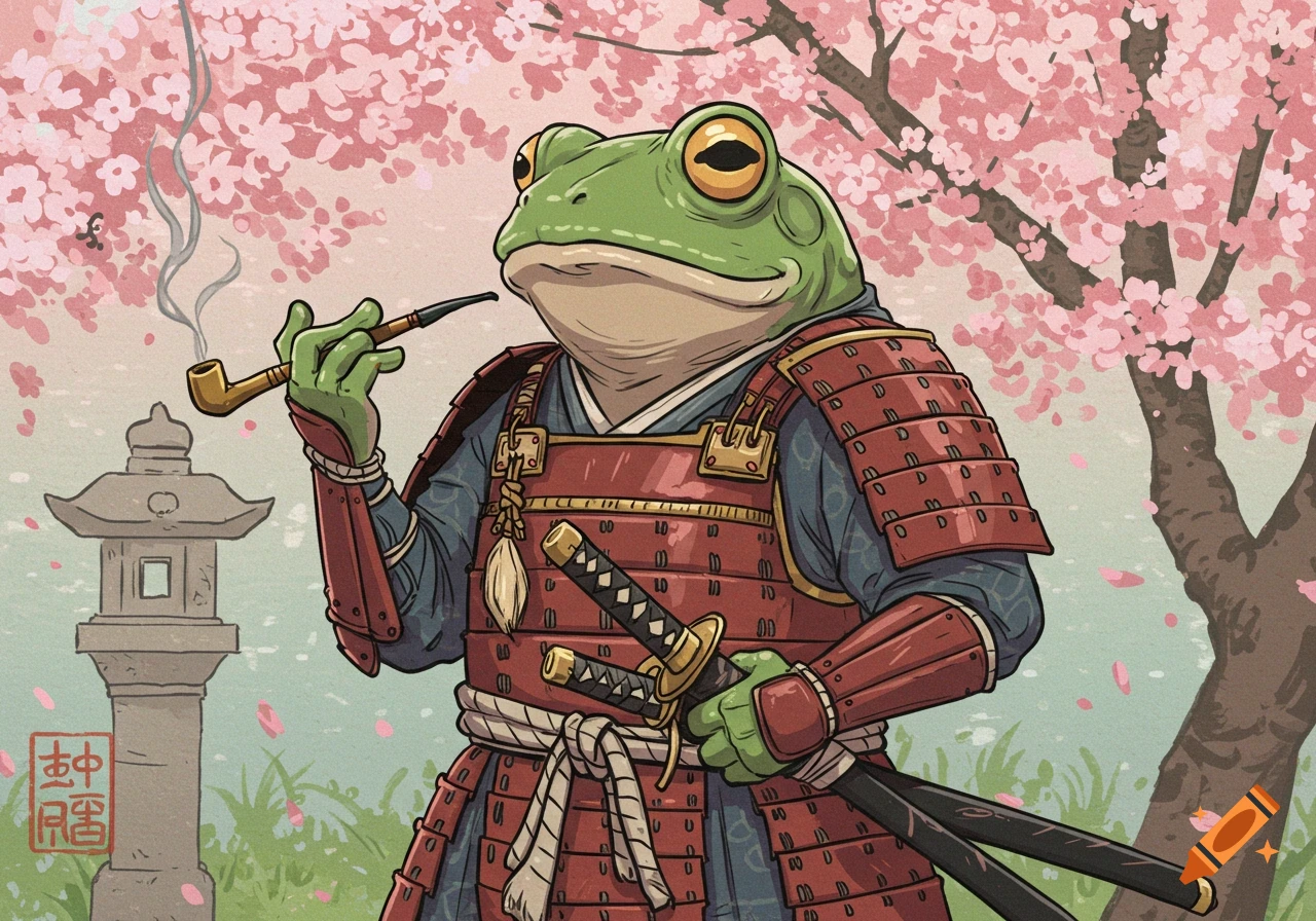 Cartoon illustration of a frog samurai smoking a pipe under cherry blossom trees