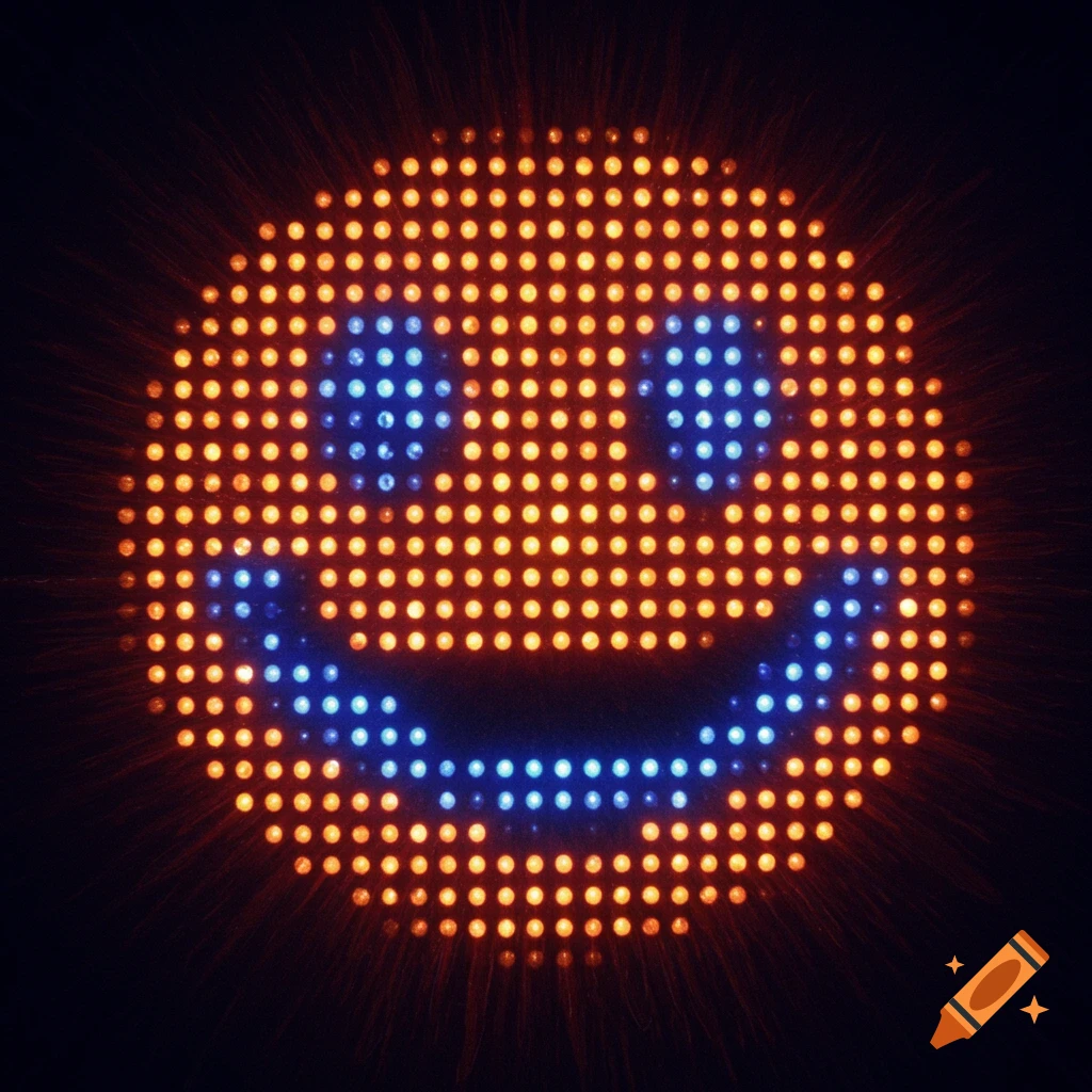 Smiley face made of orange and blue LEDs on a dark background