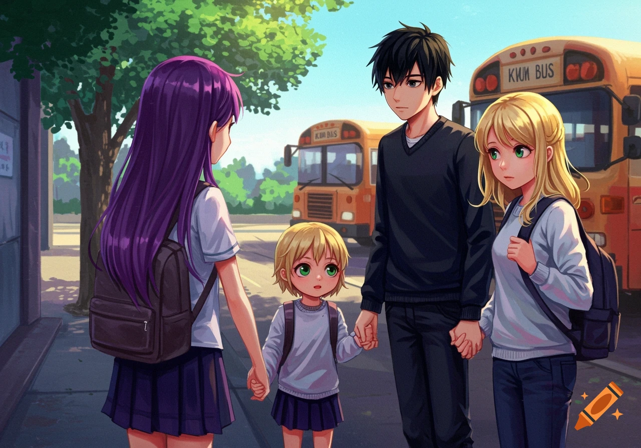 Anime illustration of two adults and two children standing near school buses.