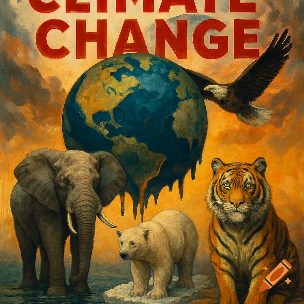 Painting of a climate change poster with melting earth, elephant, polar bear, tiger, eagle, and 'CLIMATE CHANGE' text
