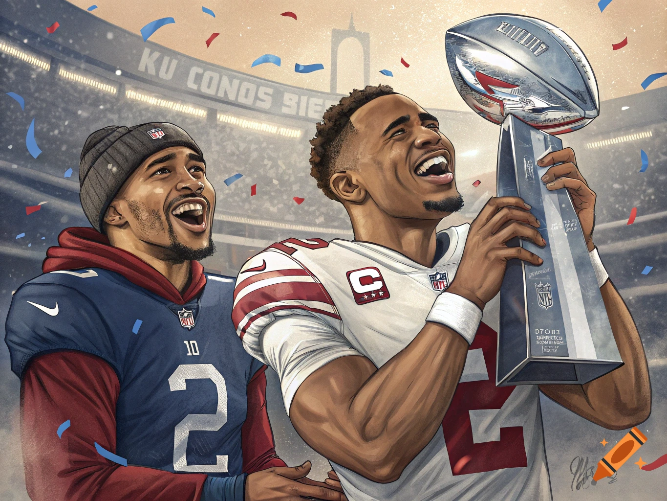 Illustrative image of two excited football players in jerseys holding a championship trophy in a stadium with confetti.
