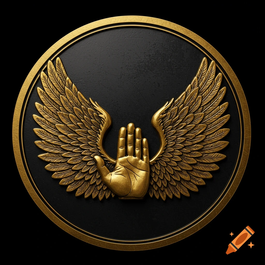 Golden emblem with a hand and wings in a black and gold circular frame.