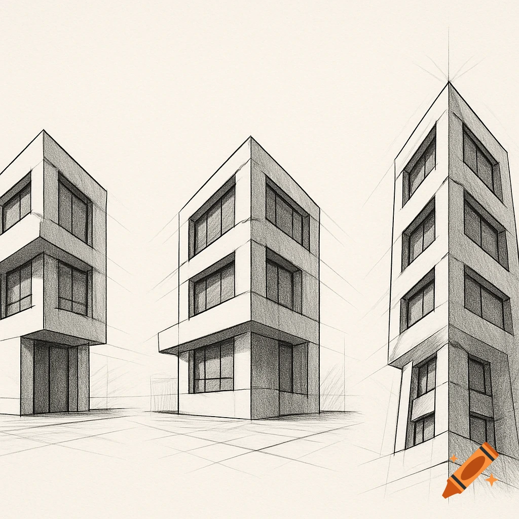 Sketch drawing of modern buildings with perspective lines.