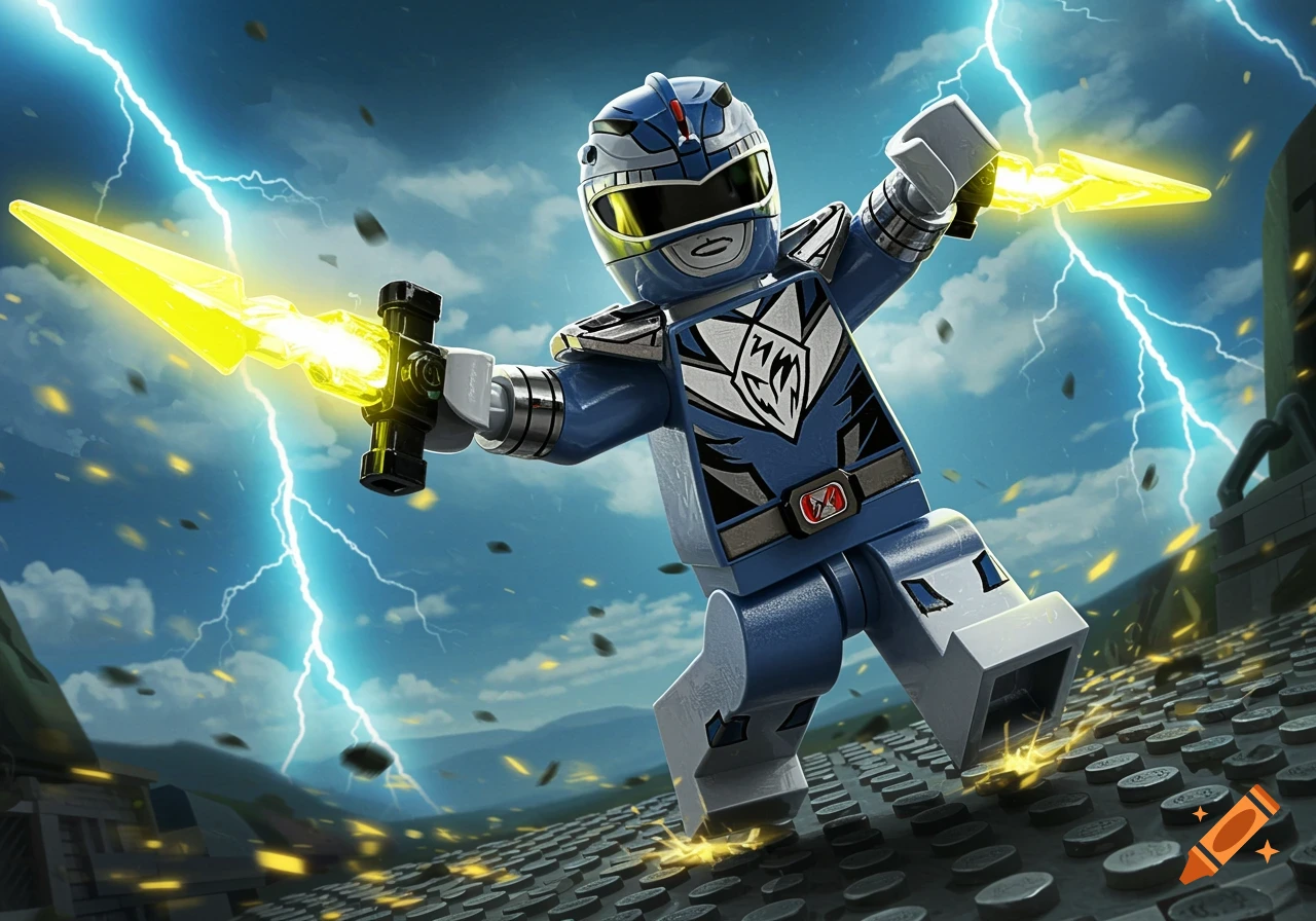 A Lego blue Power Ranger holds glowing yellow swords as lightning flashes around them.