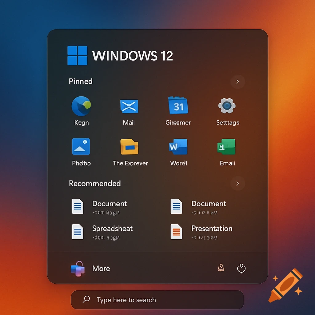 A dark mode user interface showing a Windows 12 start menu with pinned and recommended apps and a search bar.