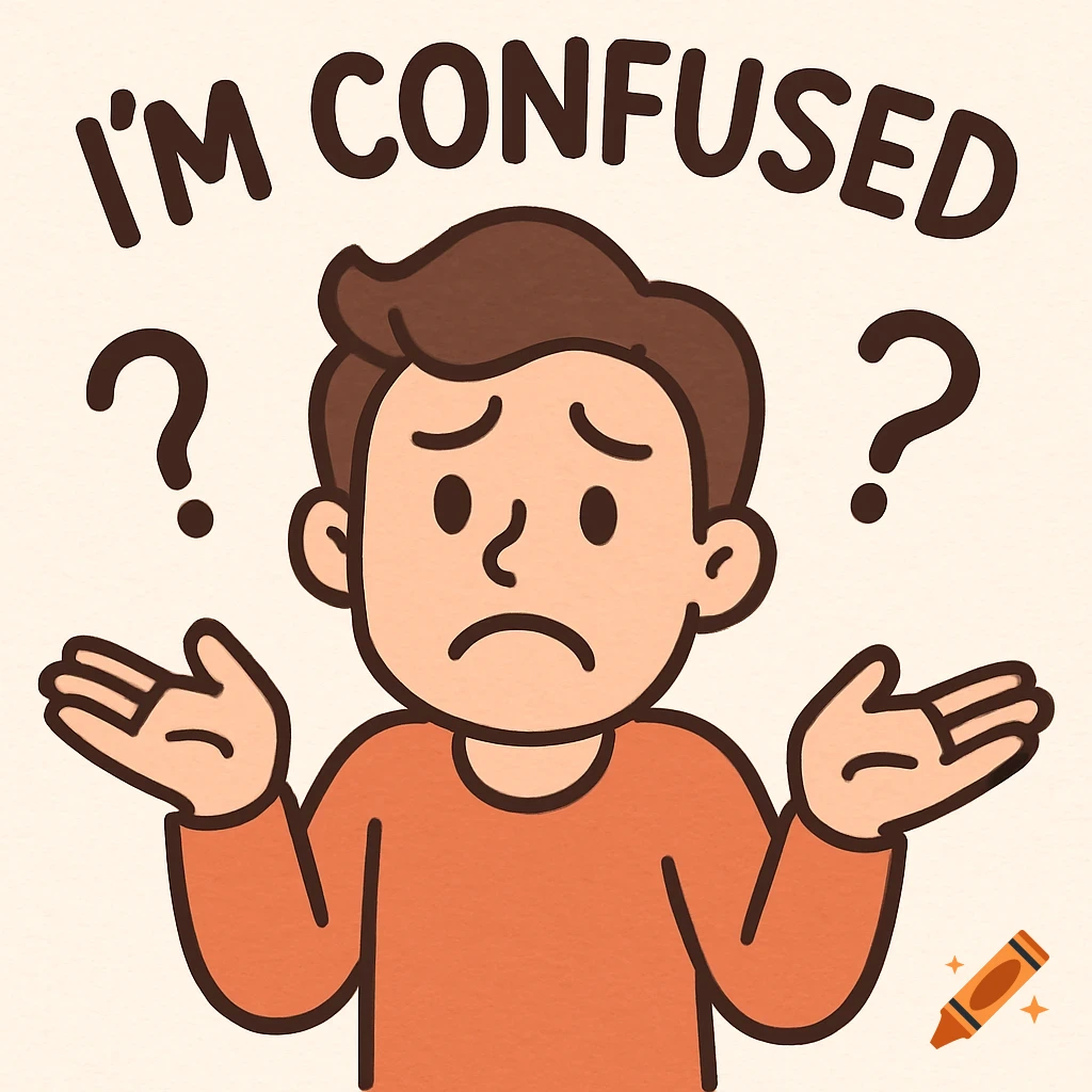 Cartoon drawing of a person shrugging with question marks, saying 'I'M CONFUSED'.