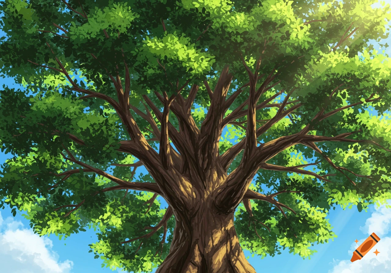 Low-angle view looking up into the dense green canopy of a large tree against a blue sky.