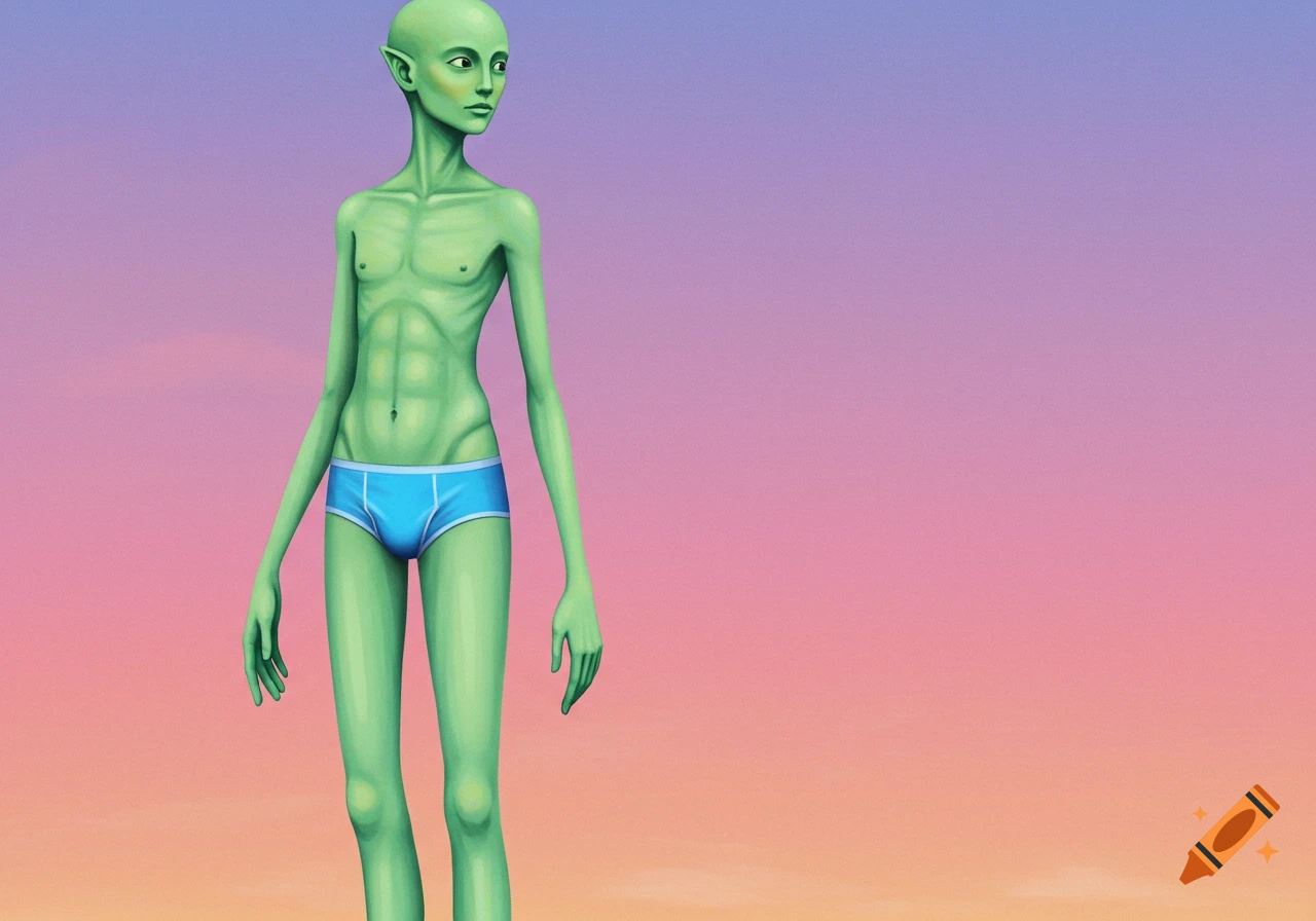A skinny green alien wearing blue underwear against a gradient background.