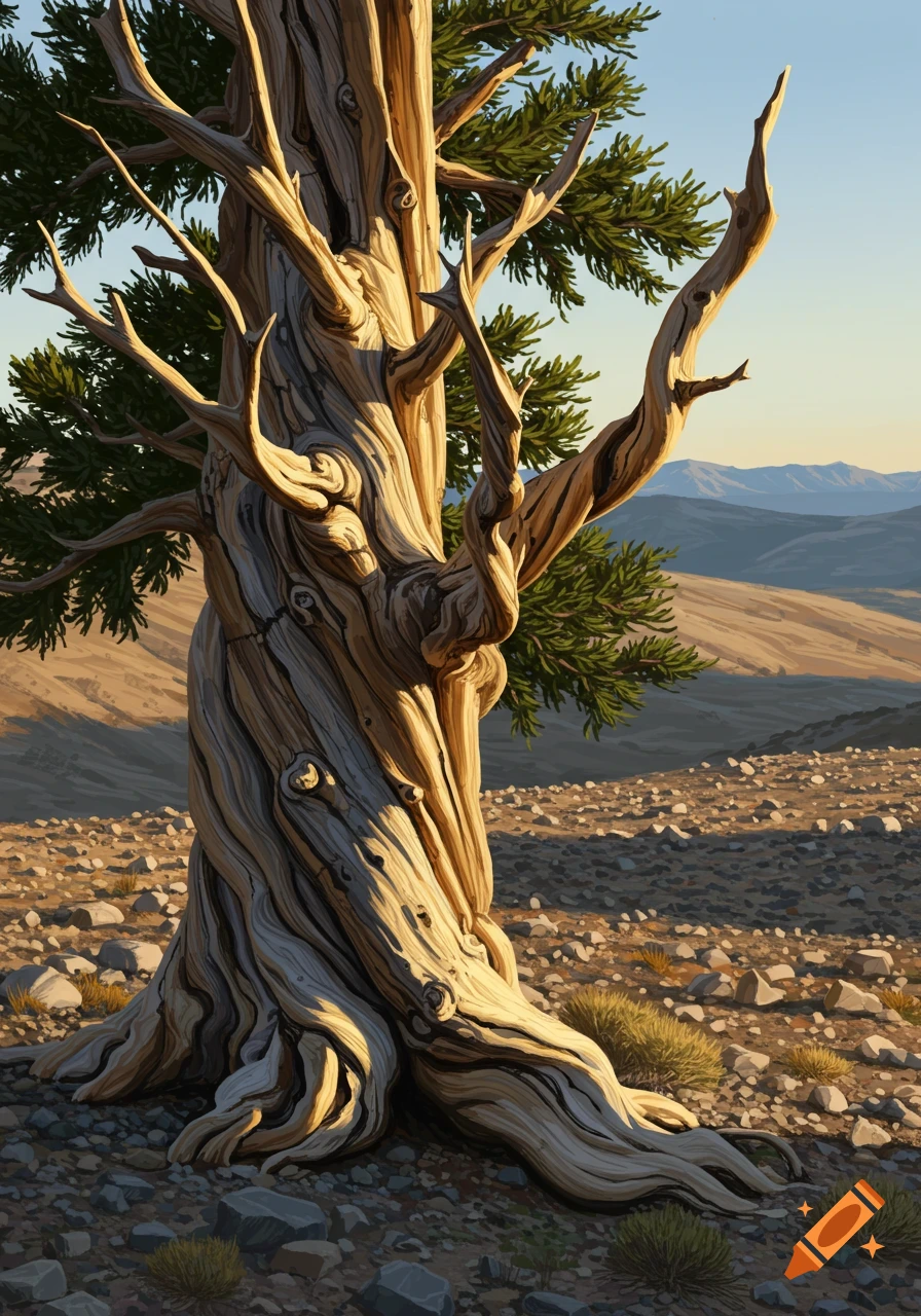 An ancient bristlecone pine tree stands in a desert landscape with mountains in the distance, lit by sunset light.