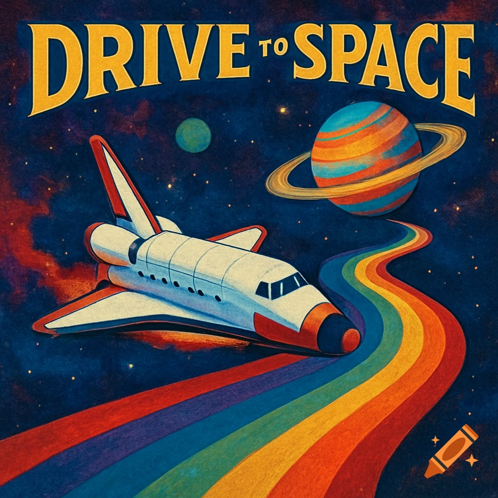Retro-style album art featuring a space shuttle flying over a rainbow path towards a ringed planet, with text "DRIVE TO SPACE".