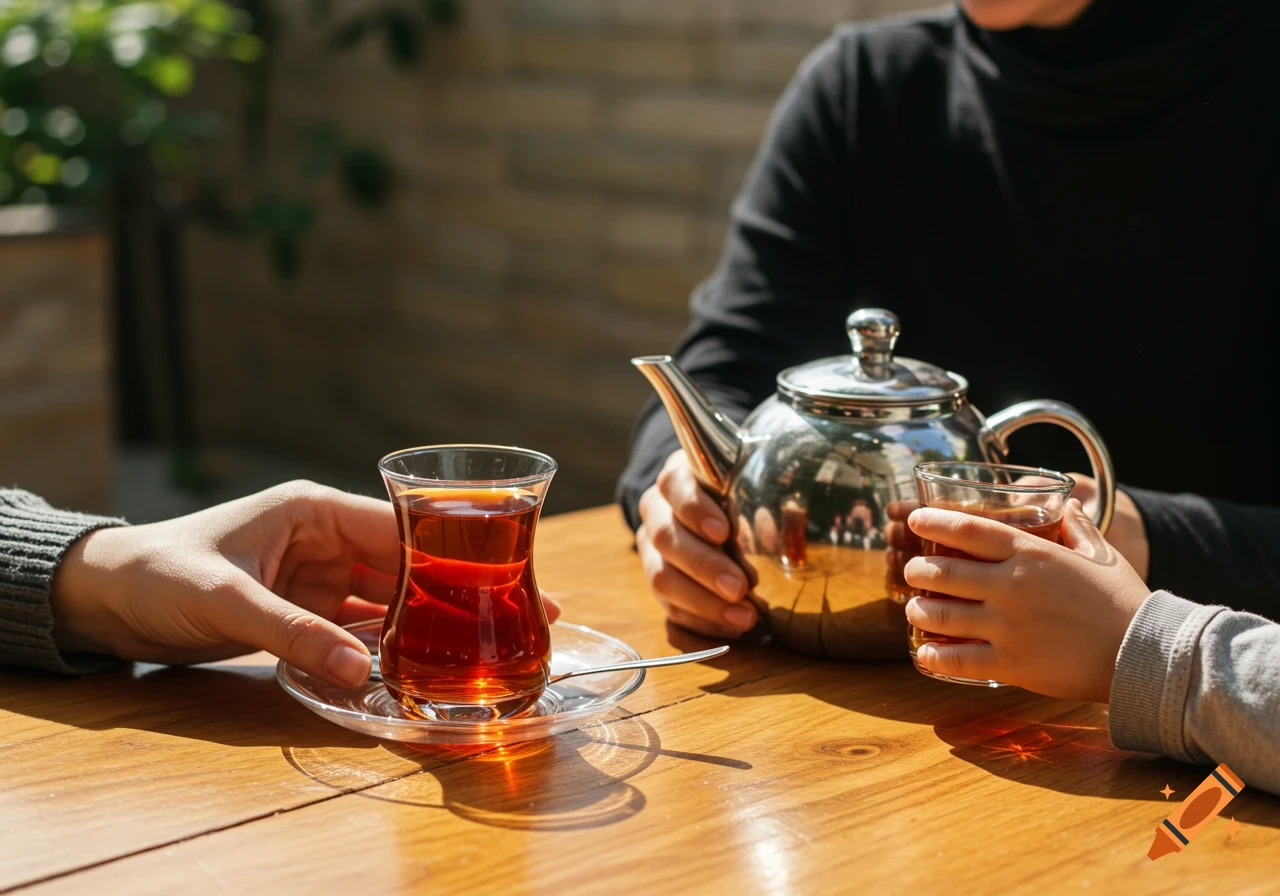 Hands reach for tea glasses and a teapot on a sunlit table.