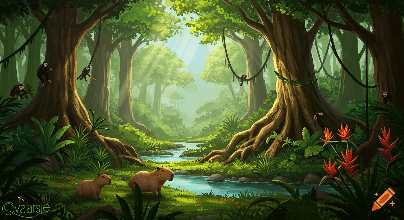 Illustration of a lush rainforest with a river, capybaras, and monkeys