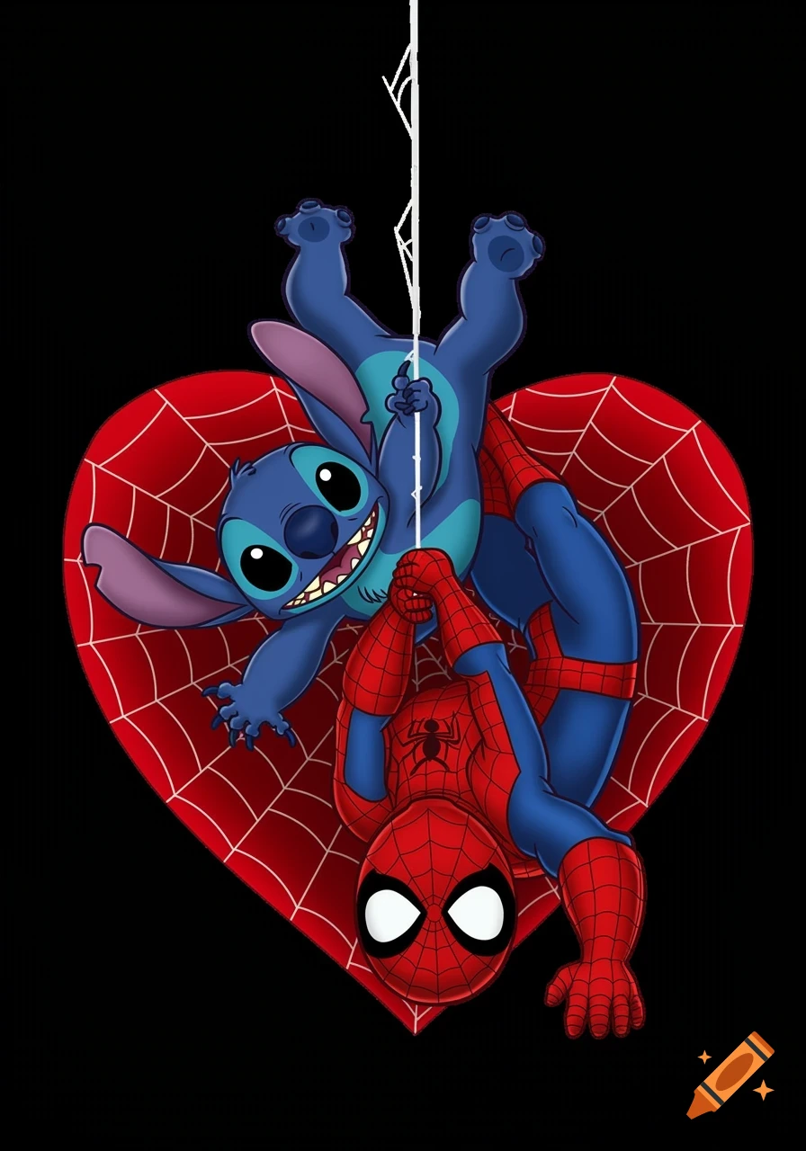 Cartoon Stitch dressed as Spider-Man and Spider-Man hanging upside down from a heart-shaped web