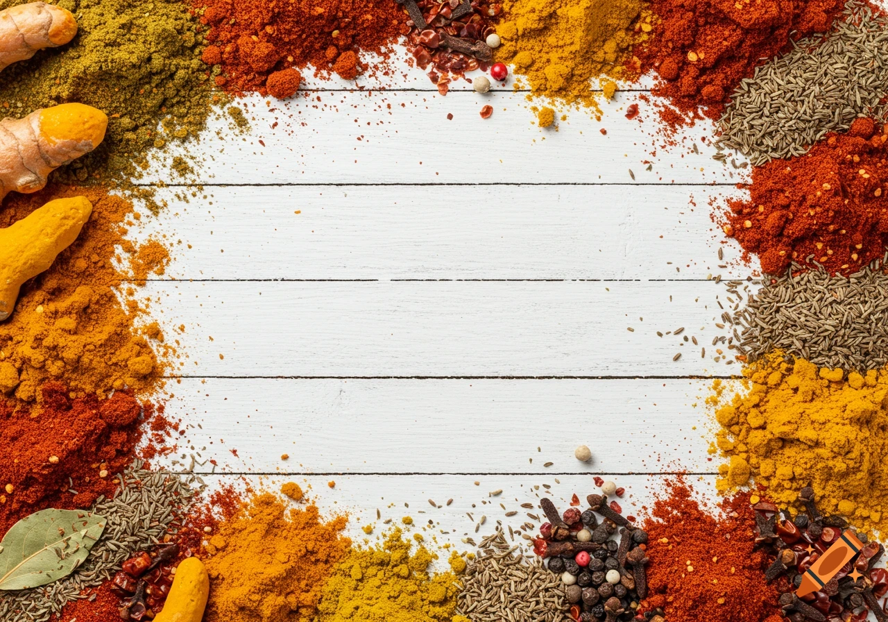 Colorful spices and ingredients, including turmeric roots, chili powder, cumin seeds, cloves, and peppercorns, arranged around the edges of a white wooden background.