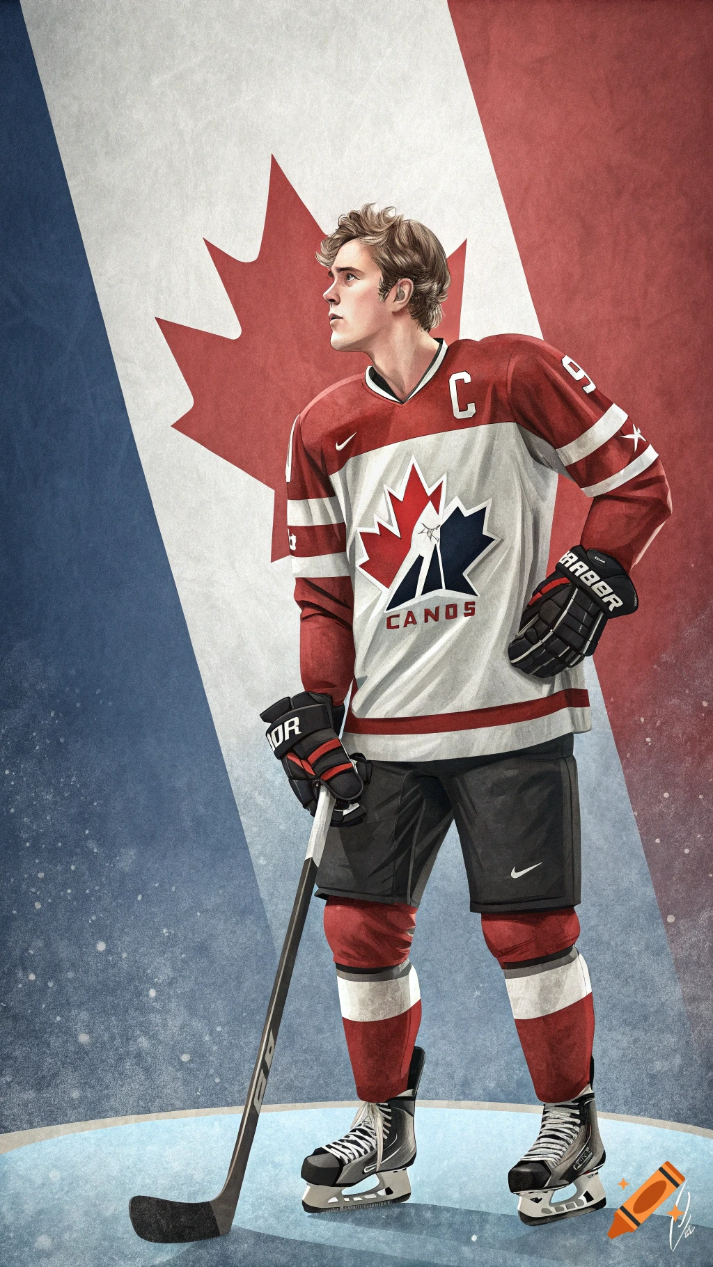 Illustration of a hockey player holding a stick in a Canadian jersey with a Canada flag background.