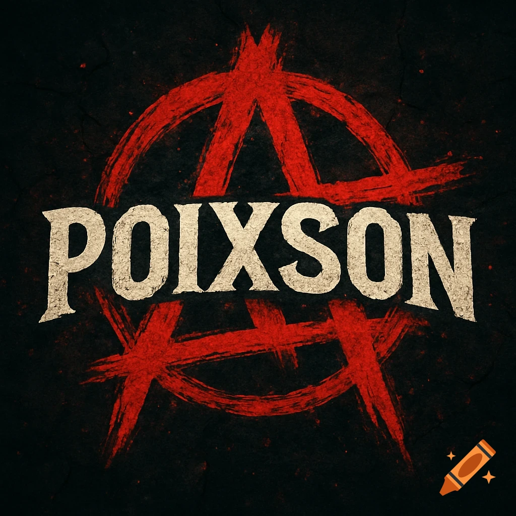 Red anarchy symbol with the text POIXSON in distressed white font