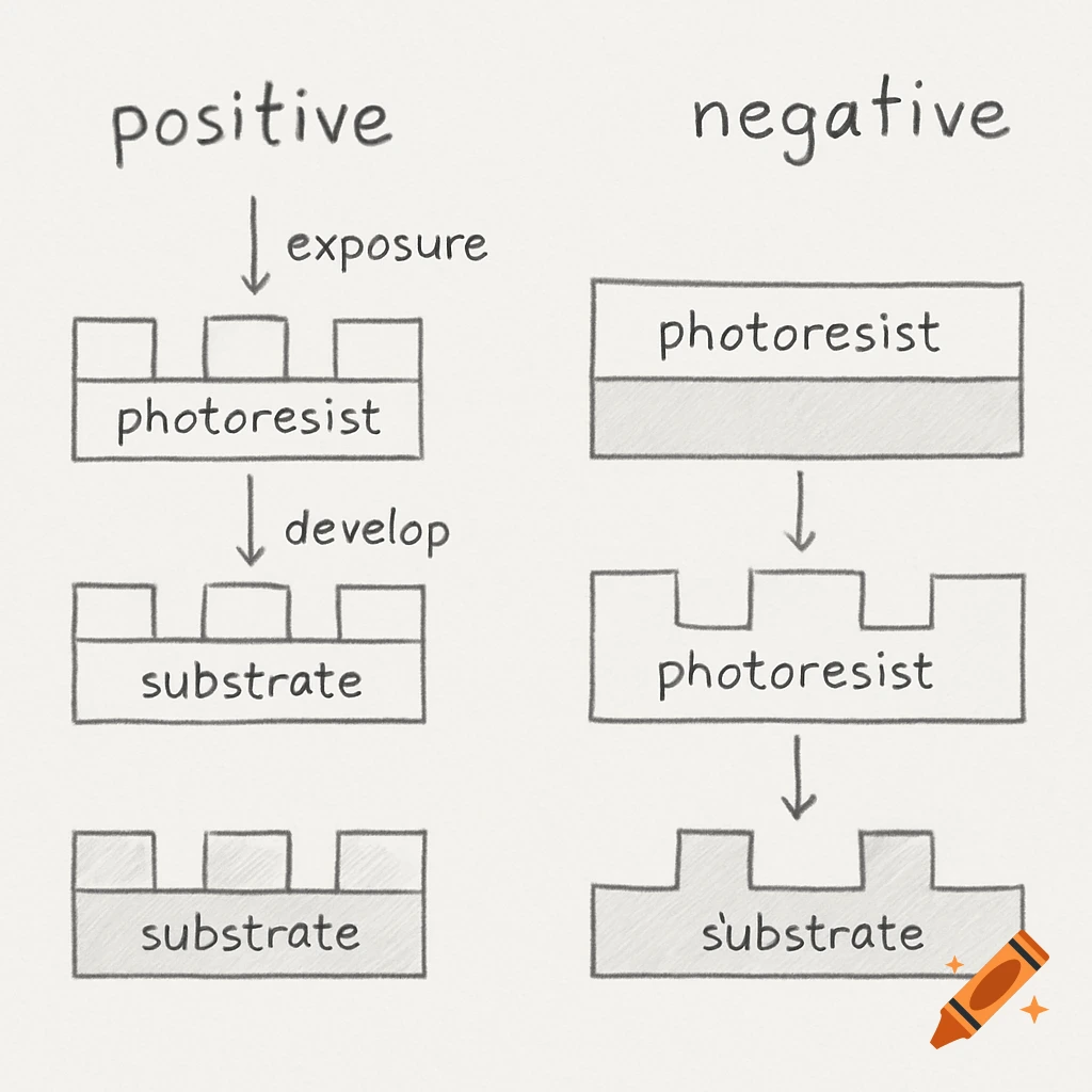 Hand-drawn sketch diagram comparing the application process of positive ...