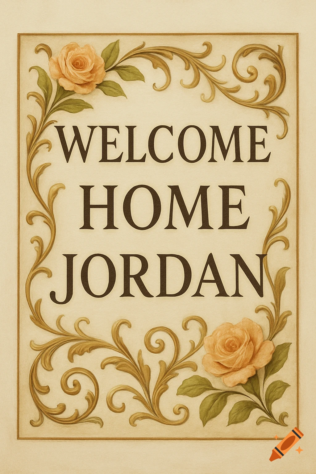 An elegant sign with gold decorative vines and roses displaying the text 'WELCOME HOME JORDAN'.