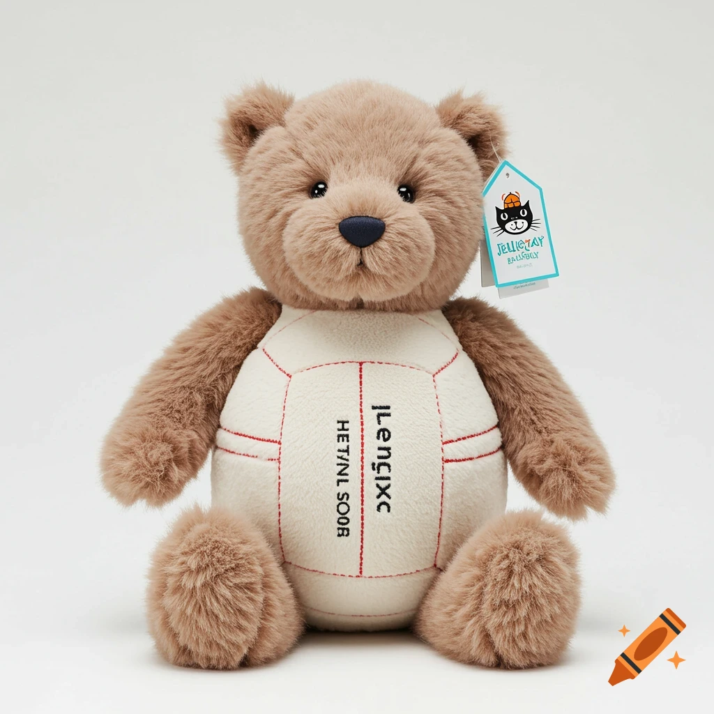 A brown plush teddy bear with a body textured like a netball stands against a white background.