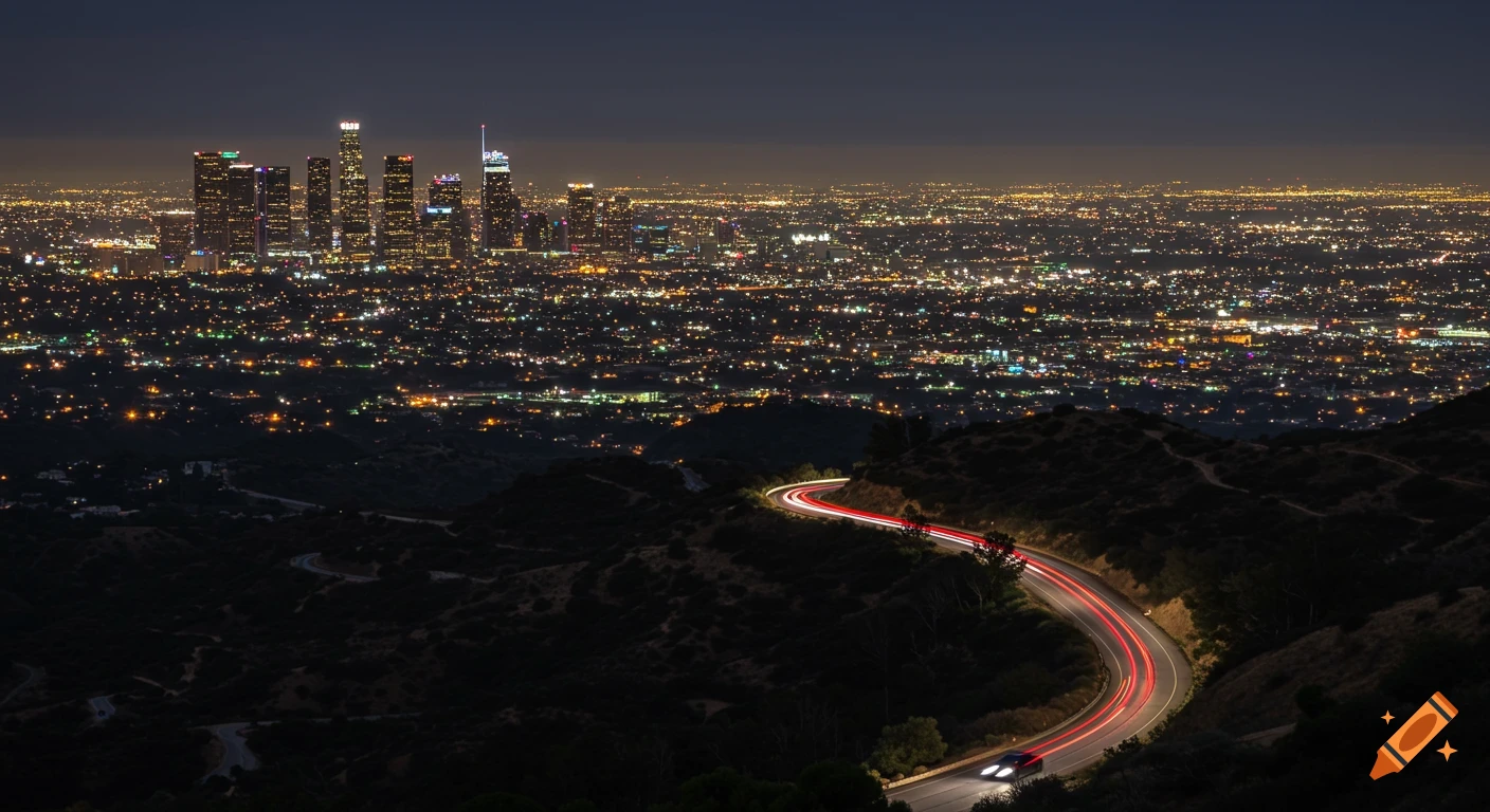 Nighttime view of Los Angeles skyline from hills with winding road and car light trails.