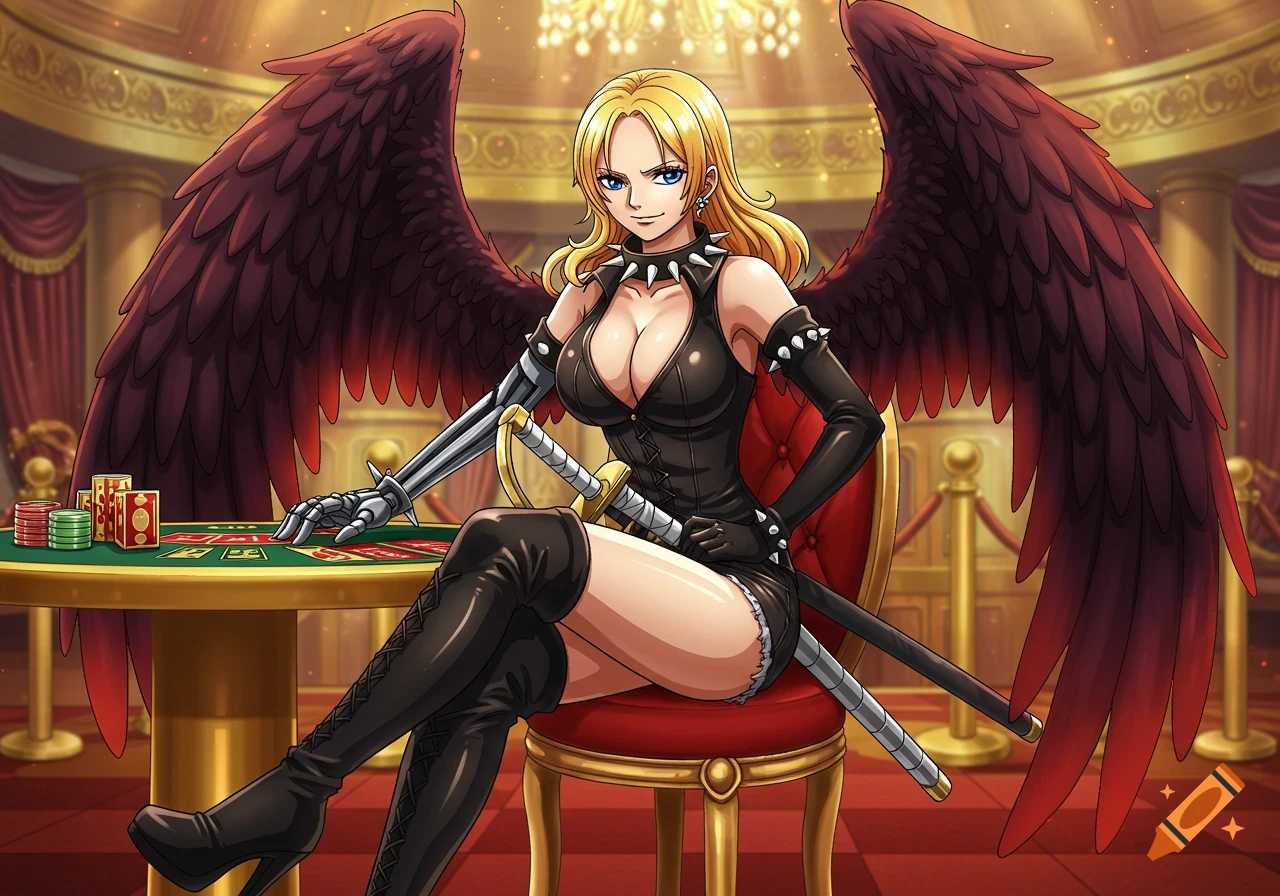 Anime woman with red wings and cybernetic arm playing cards in a casino.