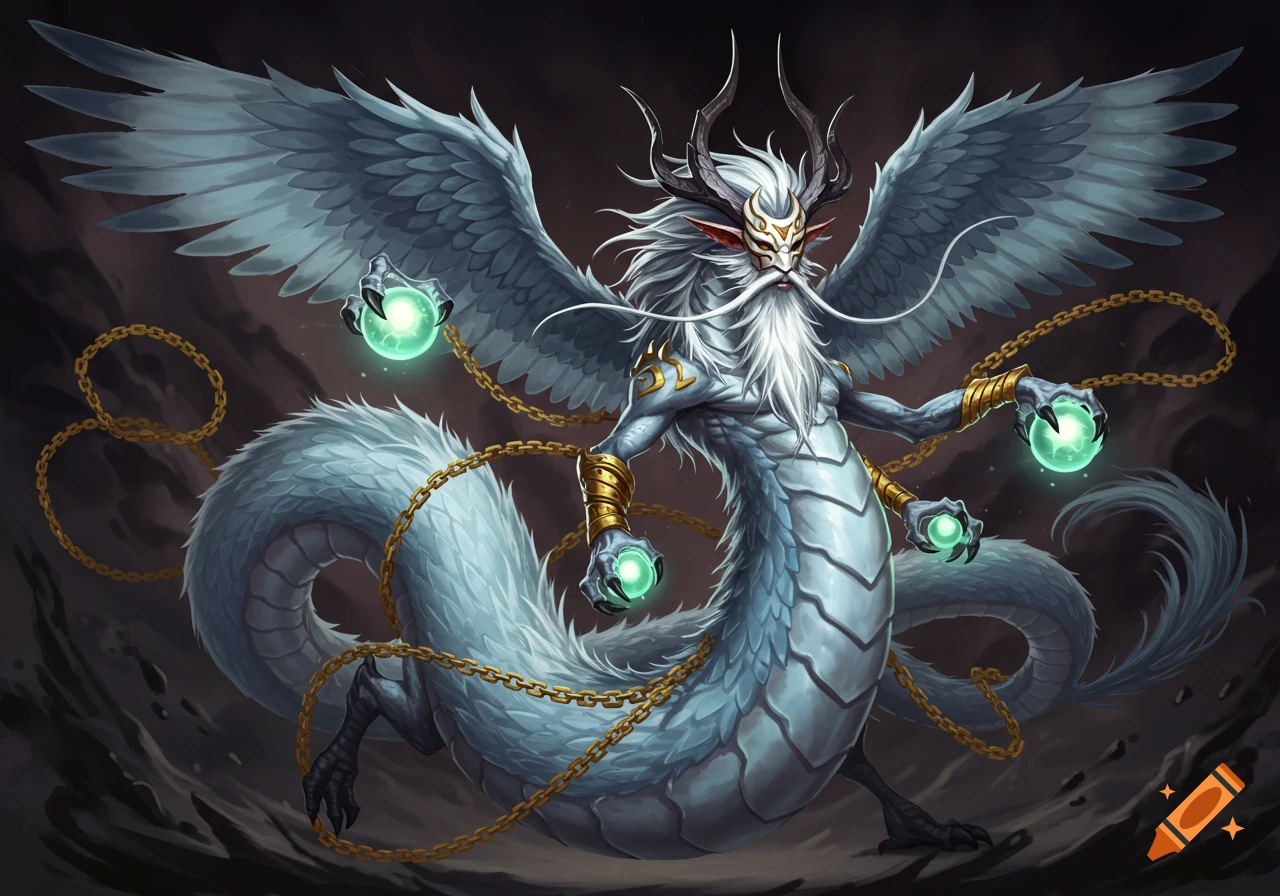 A detailed illustration of a winged serpentine creature with a mask and long beard, holding glowing orbs and wrapped in chains.