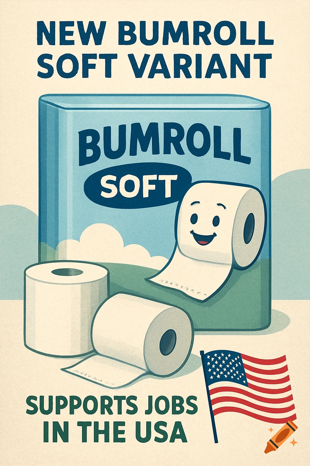 Retro illustration of toilet paper rolls, a box of toilet paper, and an American flag with advertising text.