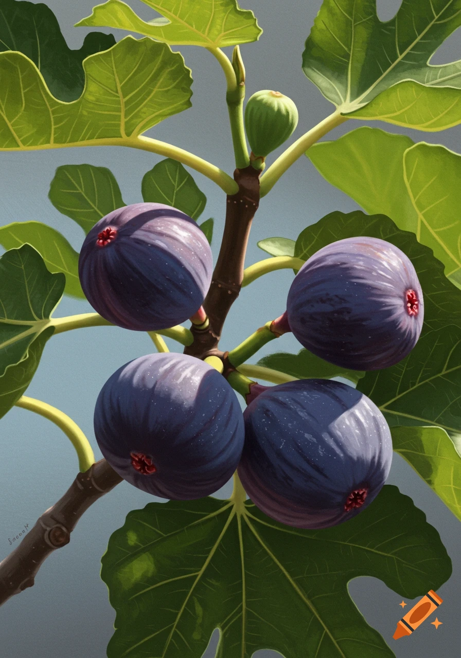 Four purple figs and one green fig on a branch with leaves, painted style.