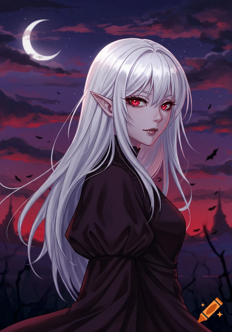 Anime vampire girl with white hair and red eyes under a night sky with a crescent moon and bats.