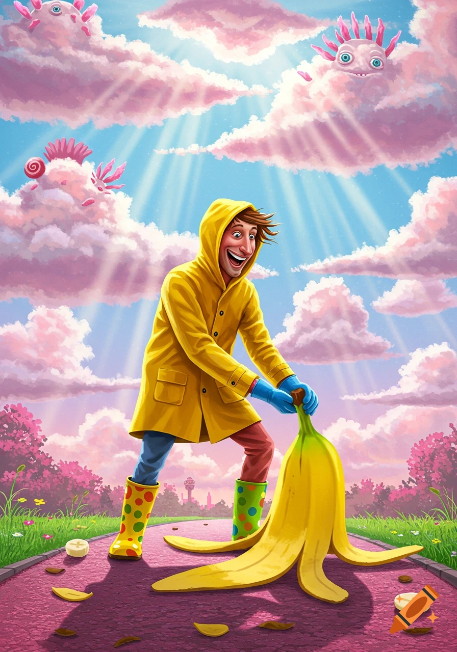 Cartoon illustration of a man in a yellow raincoat picking up a giant banana peel on a path, with strange creatures in pink clouds.