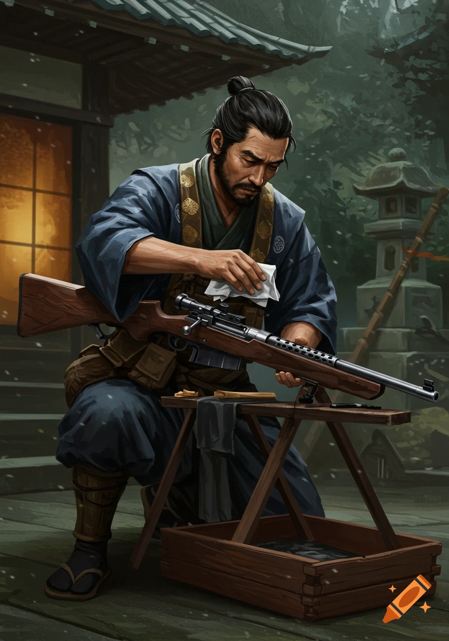 Samurai cleaning a rifle outside a traditional building, illustration.