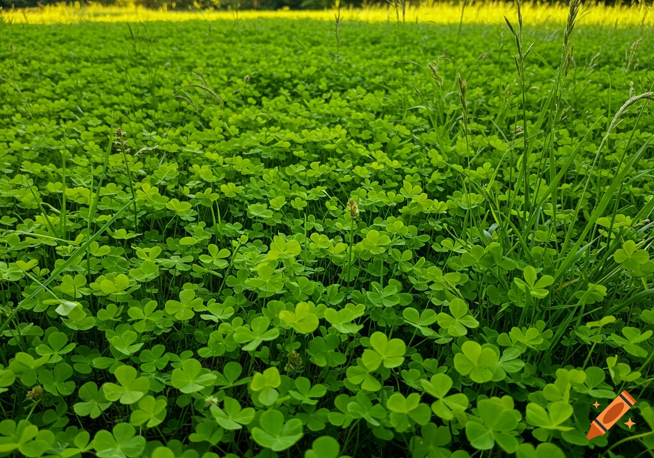 Close-up view of a dense field of green clover and grass with a bright yellow background.