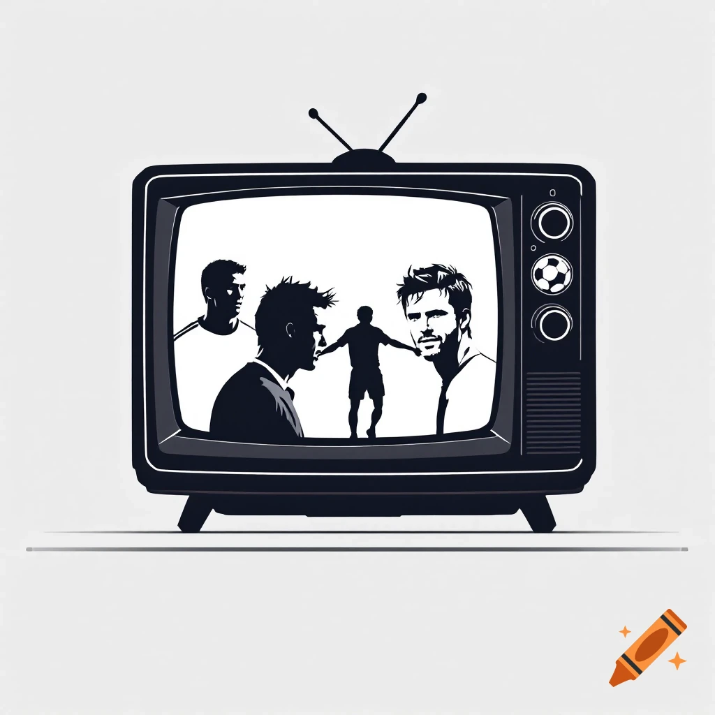 Minimalistic vector illustration of a retro television showing silhouettes of four footballers on screen.