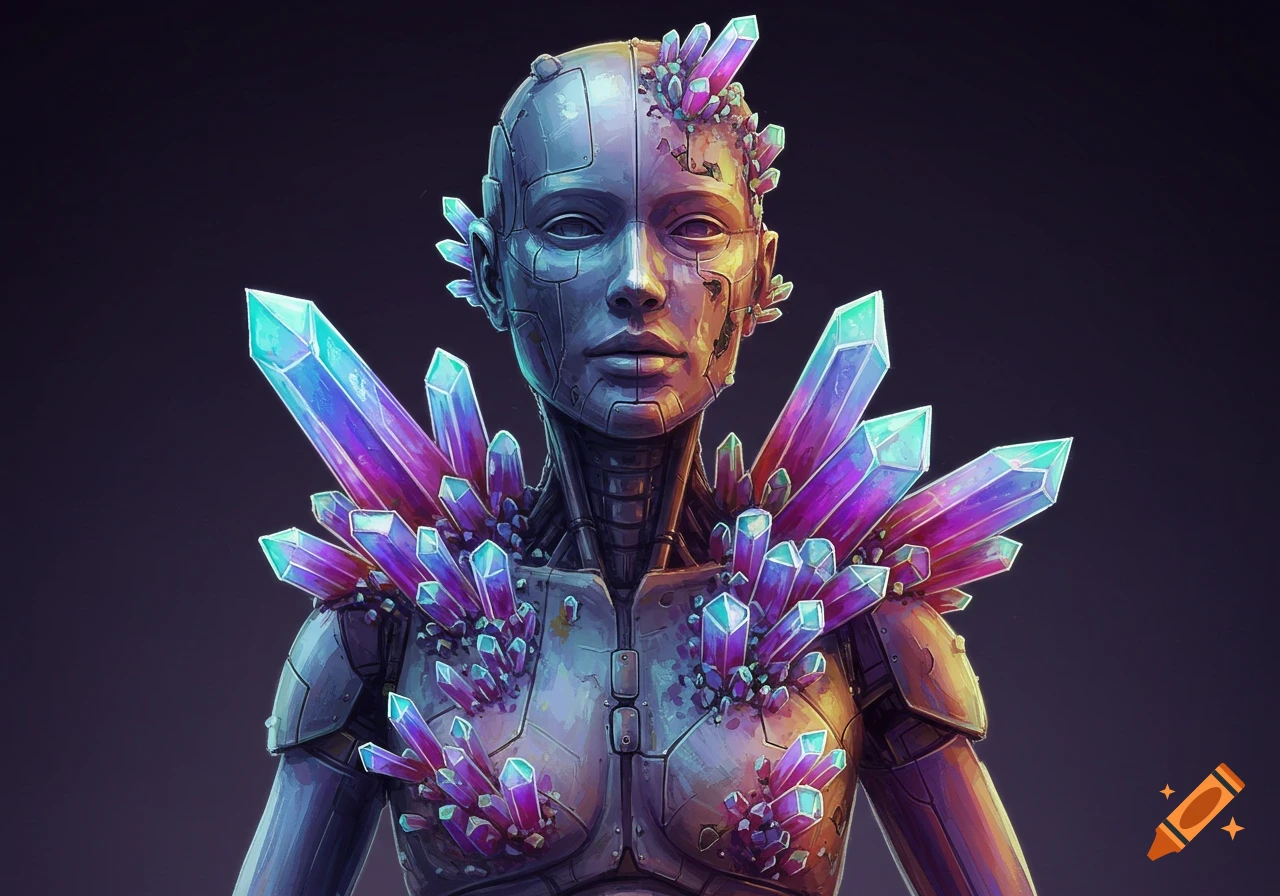 A metallic humanoid figure is overgrown with vibrant purple and teal crystals on its head, shoulders, and chest. Digital illustration.