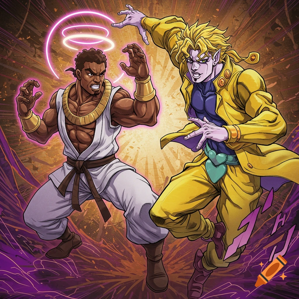 Two characters, one in white and one in yellow, in a dynamic fighting pose in a manga/anime style.